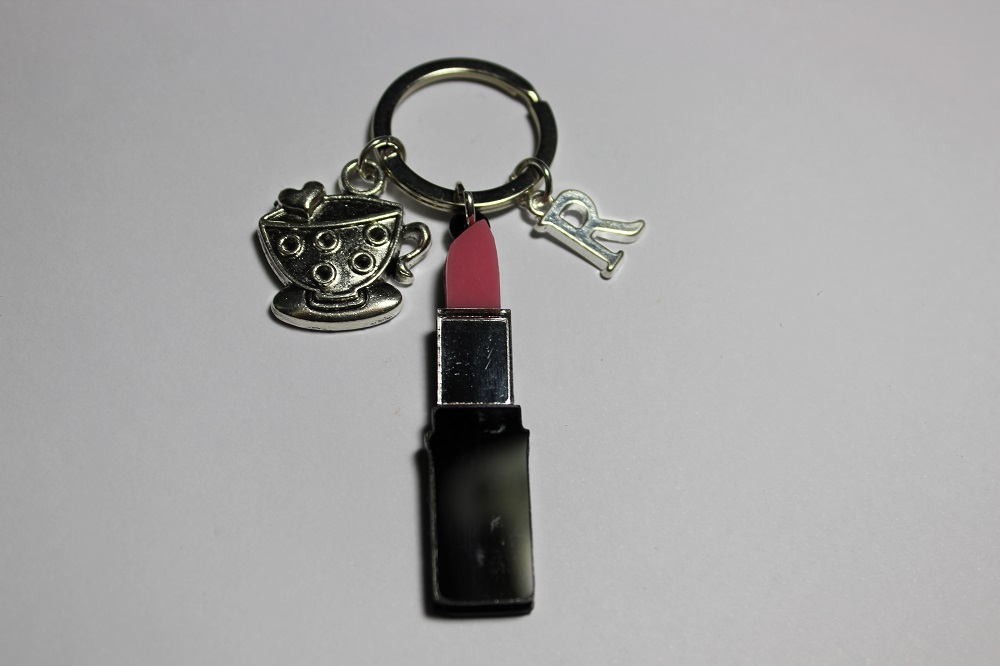 Personalised Pink Lipstick And Coffee Keyring1
